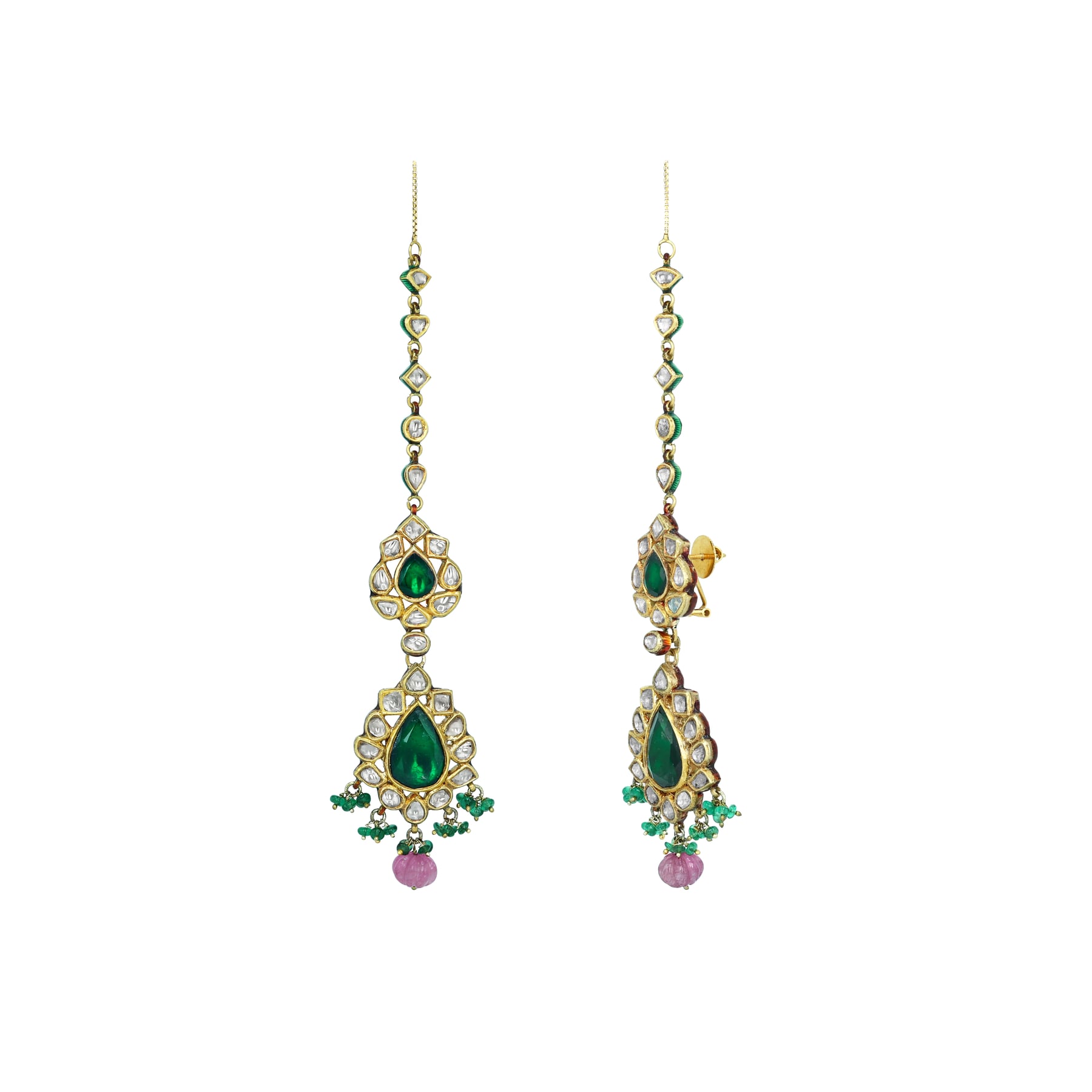 Polki Diamond Necklace Set with Green Stone and Pink Beads